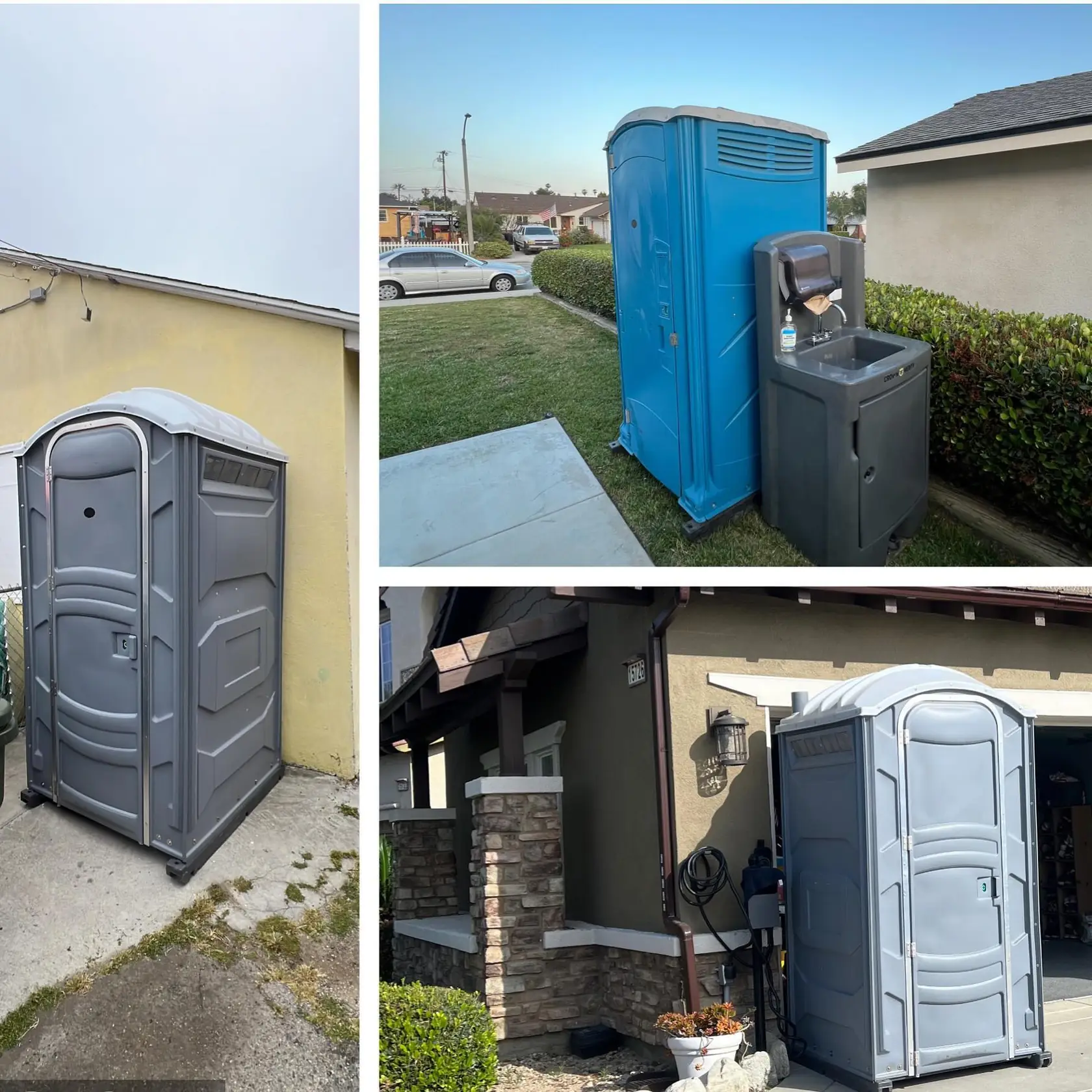 Collage of gray portable toilets placed beside homes and a blue unit next to a hand-wash sink